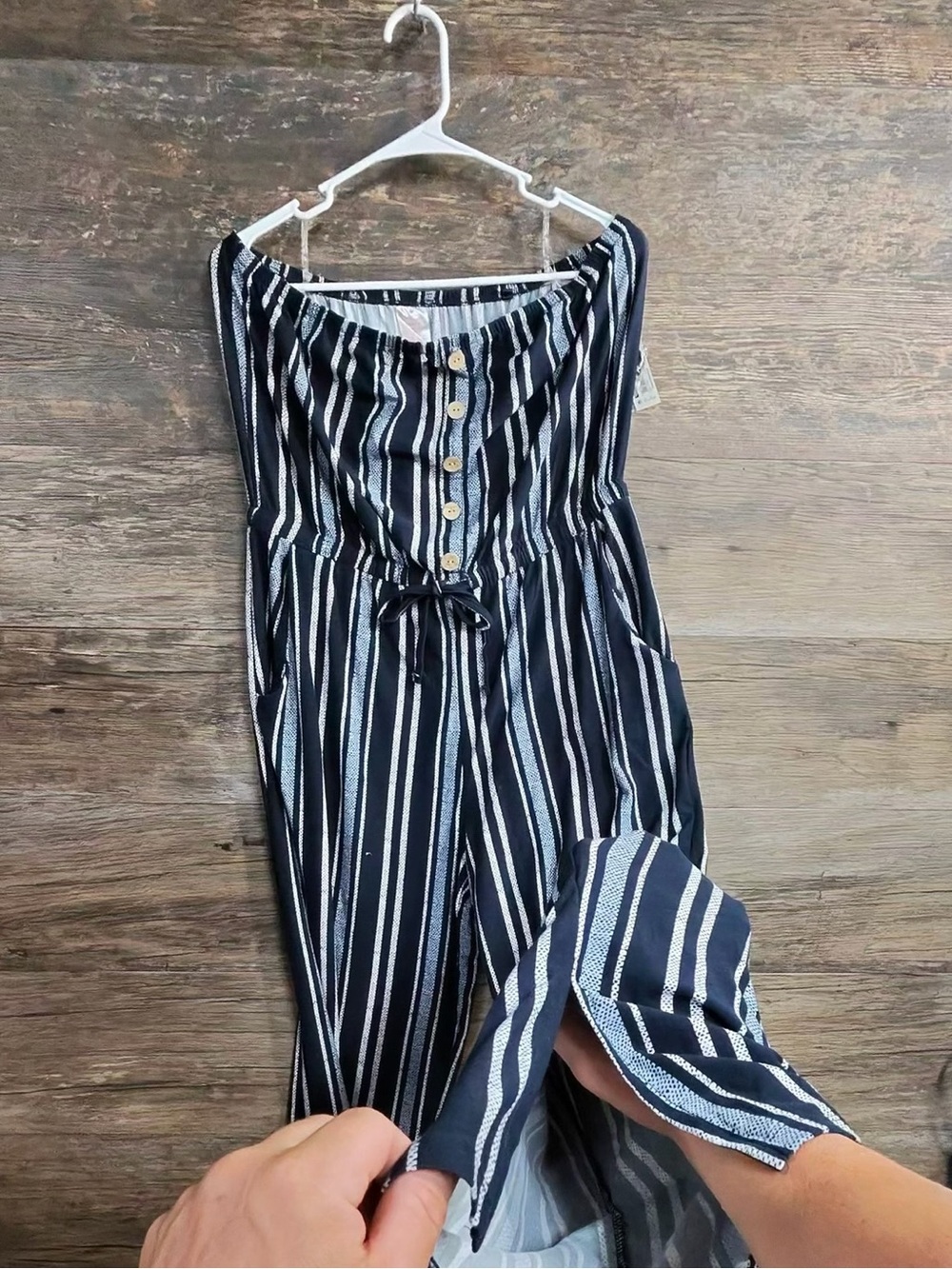 No Boundaries Black and White Strapless Wide-Leg Jumpsuit
